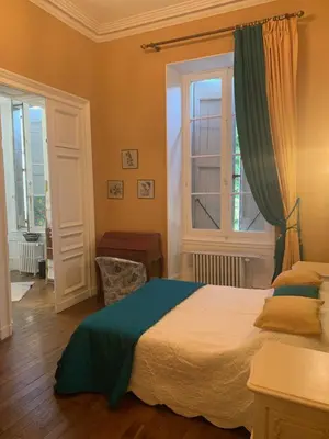 a bedroom with a bed and a window at Château Mesdames in Labastide-Rouairoux