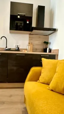 a yellow couch sitting in a kitchen with a sink at Thomas Price Appart in Narbonne
