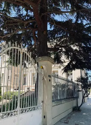 a white fence with a tree in front of it at Château Suite in Saint-Marcel