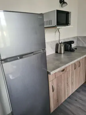 a kitchen with a stainless steel refrigerator and a microwave at Appartement rénové avec jardin in Cuxac-dʼAude