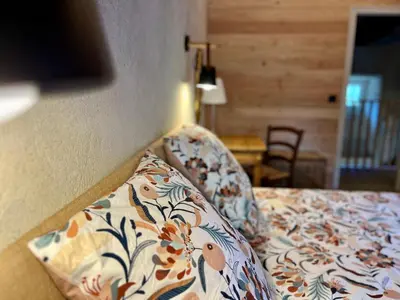 a bed with a pillow on it in a room at Parenthèse en Forêt - Gîte Baliveau, Sidobre in Le Bez