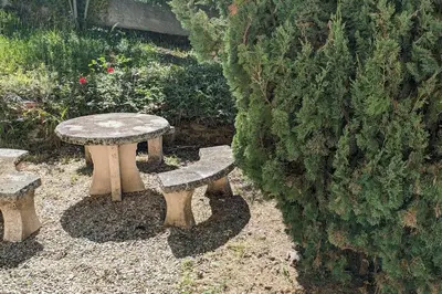 a stone table and benches next to a bush at La Pinède in Espéraza