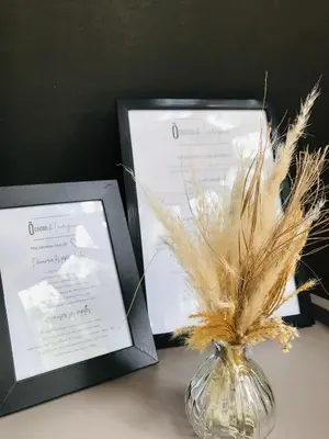 a vase with feathers in it next to two framed certificates at Ô cocon del Lauragués in Ricaud