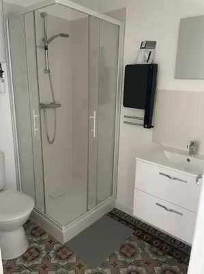 a bathroom with a shower and a toilet and a television at Le Briguiboul l Rez-de-chaussée l Stationnement gratuit in Castres