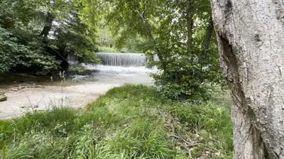 a waterfall in front of a river with a tree at Eden de Roques in Castres
