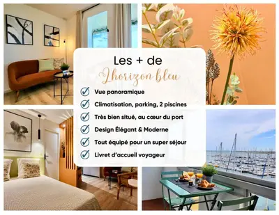 a collage of pictures of a room with a bed and a window at - L'Horizon Bleu - Cocon romantique avec vue mer panoramique in Gruissan