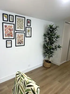a room with a couch and a plant on a wall at Cocon chaleureux au coeur de Mirepoix in Mirepoix