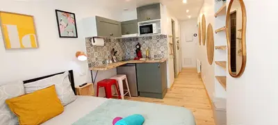 a small room with a bed and a kitchen at Perrutel - entre Bastide et cité in Carcassonne