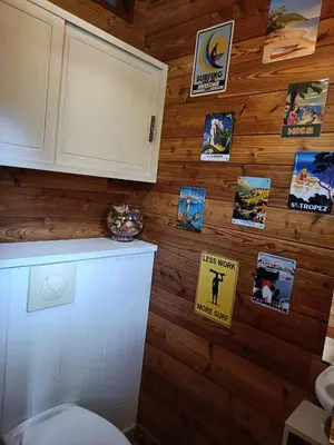 a bathroom with a wall with posters and a toilet at Maison chaleureuse en Ariège in Roquefort-les-Cascades