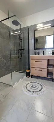 a bathroom with a shower and a sink and a mirror at Charmante maison in Carcassonne