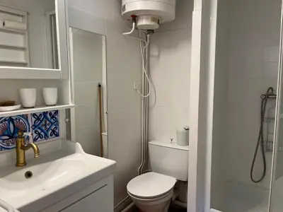 a bathroom with a toilet and a sink and a shower at Charmant T3 climatisé avec terrasse, proche plage & parking privé - 4/6 pers, Gruissan - FR-1-796-7 in Gruissan