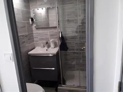a bathroom with a shower and a sink and a toilet at Gruissan - Studio rénové climatisé 2/3 pers, parking sécurisé, à 50m de la plage du Grazel - FR-1-796-16 in Gruissan