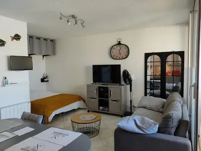 a living room with a couch and a tv at Studio spacieux à Gruissan - Parking - Vue port - Proche plage - FR-1-796-29 in Gruissan