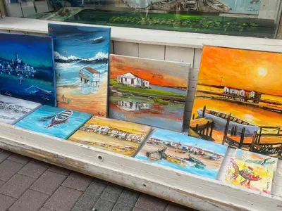 a display of paintings on display in a store at Villa 6/7 pers climatisée - Proche port et village - Parking privé - FR-1-796-36 in Gruissan