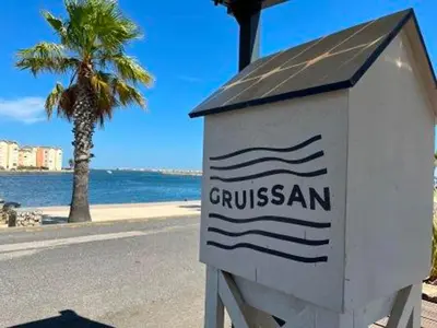 a sign on a beach with a palm tree and water at Gruissan Studio Vue Mer 2/3 Pers à 50m Plage Grazel, Parking Sécurisé - FR-1-796-47 in Gruissan