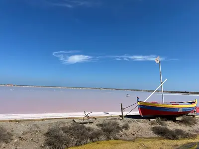 a boat sitting on the shore of a beach at Gruissan - Appartement climatisé - 6 pers - Parking - Plage à 50m - FR-1-796-51 in Gruissan