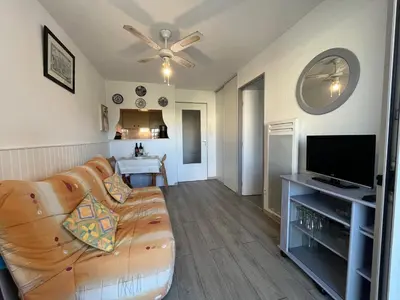 a living room with a couch and a flat screen tv at Appartement T2 moderne avec piscines, garage et proche plage - Gruissan - FR-1-796-43 in Gruissan