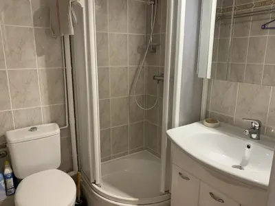 a bathroom with a shower and a toilet and a sink at Villa Confortable 6 Pers. Climatisée, Proche Plage du Grazel, Calme, Tout Équipée, Stationnement Inclus - FR-1-796-71 in Gruissan