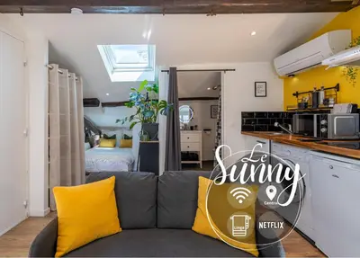a living room with a couch and a kitchen at Le Sunny - Cocon Lumineux au Cœur de Castres in Castres