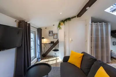 a living room with a couch and a tv at Le Sunny - Cocon Lumineux au Cœur de Castres in Castres