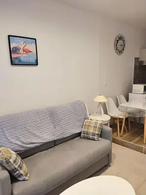 a living room with a gray couch and a table at Charmant T2 au cœur de Narbonne in Narbonne