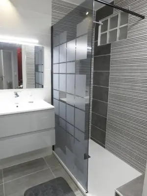 a bathroom with a shower and a sink and a mirror at La Courtine, centre historique Narbonne in Narbonne