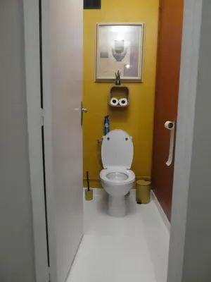 a bathroom with a toilet with aooky face on the wall at La Courtine, centre historique Narbonne in Narbonne