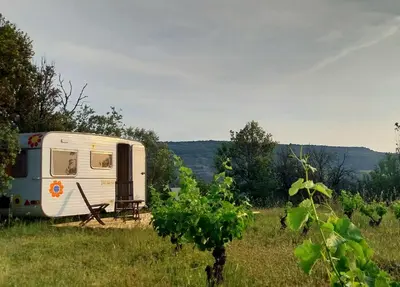 an rv parked in a field in the grass at La Caravane d'Alon in Magrie