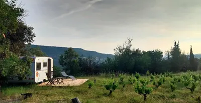 an rv parked in a field with a picnic table at La Caravane d'Alon in Magrie