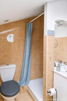 a bathroom with a toilet and a shower at Sous les toits in Narbonne