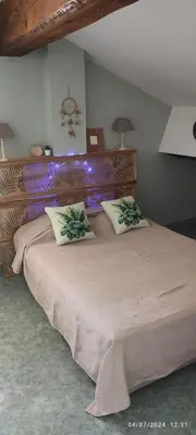 a bedroom with a large bed with two pillows at Sous les toits in Narbonne