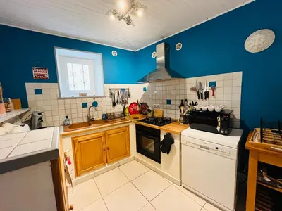 a kitchen with blue walls and white appliances at Maison de village in Peyriac-Minervois