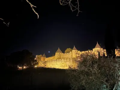 a large castle is lit up at night at La Vade in Carcassonne