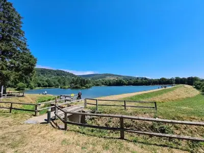 a group of wooden fences next to a lake at Au Grand Mûrier in Roquefère