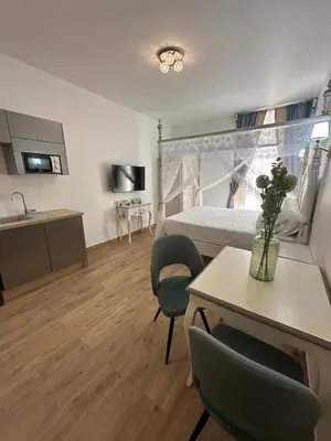 a bedroom with a bed and a table and chairs at Studio à Baldaquin du Cloitre in Narbonne