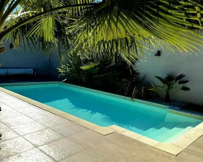 a blue swimming pool next to a building with a palm tree at Villa des Perdrix - Piscine et Clim - 120m2 in Lavalette