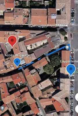 a map of a city with blue circles at Appartement du Forum,La gare, 50 m2 , Climatisation, Garage, Cour in Narbonne