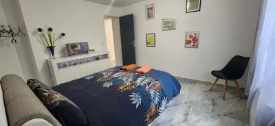 a bedroom with a bed with a blue comforter at Villa Papillons Narbonne Centre in Narbonne