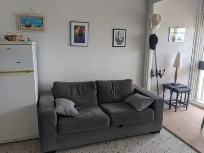 a living room with a brown couch in a room at T2 Climatisé 4 pers. avec Parking, Front de mer, Port-la-Nouvelle - FR-1-797-10 in Port-la-Nouvelle