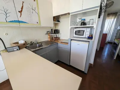 a kitchen with a counter top and a microwave at Charmant T2 traversant, plage à 100m, balcon, bien équipé, idéal 4 personnes - FR-1-797-3 in Port-la-Nouvelle