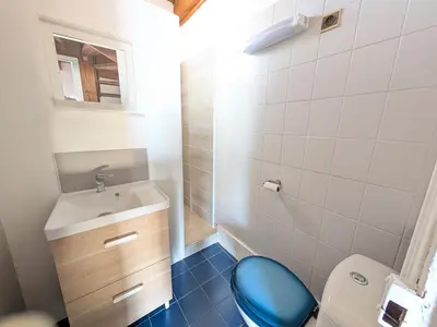 a bathroom with a blue toilet and a sink at T3 duplex 50m², 2 chambres, proche plage, 6 pers - FR-1-797-1 in Port-la-Nouvelle