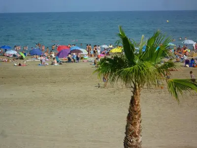 a straw hat and sunglasses sitting on a towel on the beach at Port-la-Nouvelle : T2 proche plage, terrasse, parking, clim, BBQ, lave-linge, 4 pers, classé 2* - FR-1-797-17 in Port-la-Nouvelle