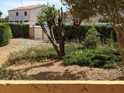 a tree in the middle of a yard at Charmant T2 proche plage à Port-la-Nouvelle, terrasse et parking inclus - FR-1-797-29 in Port-la-Nouvelle