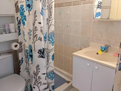 a bathroom with a shower curtain and a sink at Villa T2 Mezzanine Climatisée avec Cour - 6 Pers - Parking - Proche Plage - Meublé Tourisme 1* - FR-1-797-44 in Port-la-Nouvelle