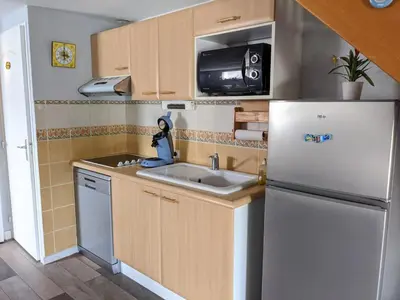 a small kitchen with a sink and a refrigerator at Belle villa climatisée T3 avec mezzanine, jardin arboré, garage et à 900m de la plage, 6/7 personnes - FR-1-797-36 in Port-la-Nouvelle