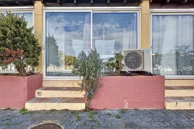 a house with two plants in front of a window at Studio with pool near the harbor in Gruissan