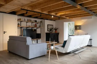 a living room with a couch and a television at L'atelier de 1900 in Puicheric