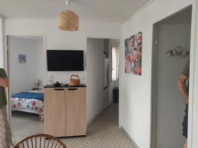 a room with a bedroom with a bed and a television at Appartement T2 à Gruissan, RDC, Plage à 150m, Parking, 4-5 pers - FR-1-796-72 in Gruissan