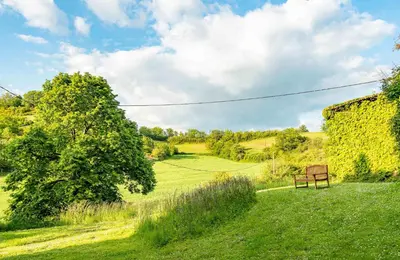 a bench sitting in the middle of a field at La Bastide in Puycalvel Lautrec