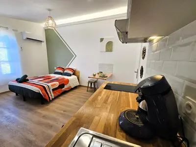 a small bedroom with a bed and a kitchen at Tout confort ! Ville, Climatisation, Parking, Wifi, Calme, TV in Carcassonne